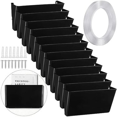 Tenceur 12 Pcs Plastic Single Pocket Wall Mount File Holder with Double Sided Adhesive Tape and Screws Wall File Hanging Folder Letter Paper Mail Organizer for Office Home ClassroomBlack