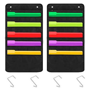 Sinzip 2 Pack Heavy Duty 5 Pocket Door Hanging File Organizer Black Wall Storage Pocket Charts with 2 Hangers Great for Classroom School Home or Office Use 5 Pocket2Pack