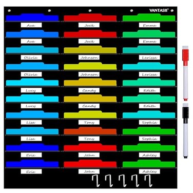 Vantasii Organization Center Pocket Chart Wall File Organizer Folder with 30 File Pockets 30 DryErase Cards Plus 5 Over The Door Hooks and 8 Wall Hooks 47 X 42 inch