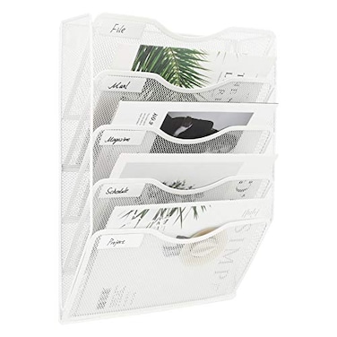 EasyPAG Wall File Organizer 5 Tier Hanging Paper Folder Holder Zero Assembly Metal Mesh Wall Mounted Mail Organizer for Office Home Classroom Narrow Spaces White