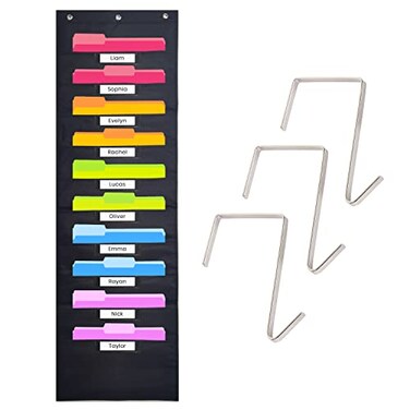 Hippo Creation Black Pocket Chart for Classroom 10 Pocket Storage Rainbow Pocket Charts 3 Over Door Hangers Included Hanging Wall File Organizer for File Folders School Mailbox HomeOffice Papers