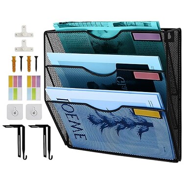 TSDRBWO 3 Tier Hanging Wall File Holder Metal Mesh File Organizer Mail Organizer Wall Mounted Magazine Storage Rack Magazine Holder Vertical Wall Mounted Mesh Hanging File Folders Paper Organizer