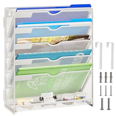 Lavatino 6Tier Hanging File Organizer Wall Mount File Holder for Mails Folders Papers Magazine Organization Vertical Document Organizer for Office Home White