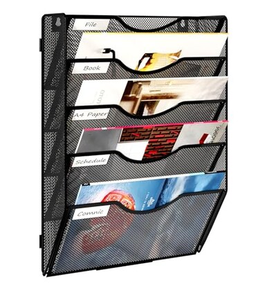 Solinxe Wall Hanging File Holder 5 Pocket Wall Mounted Paper Organizer Magazine File Holder Storage RackBlack