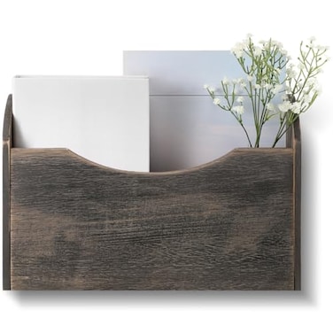Suzile Wall Mounted File Holder Wood Magazine Holder Wall Hanging File Organizer for Office Mail Magazine Letter Paper Folder Organization Gray