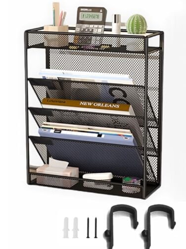 ZNMYDMT 5 Tier Mesh Wall File Organizer3 Pockets vertical Mount Hanging Organizer with TopBottom Tray 2 Hooks Wall Mount Door Hanging for Office Home