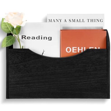 Suzile Wall Mounted File Holder Wood Magazine Holder Wall Hanging File Organizer for Office Mail Magazine Letter Paper Folder Organization Black