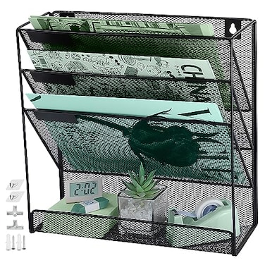 ideallife 3 Pockets Mesh Wall File Holder Organizer with Bottom Flat Tray Office Hanging File Folder Magazine Rack Nametag Label Hooks Set Included Black