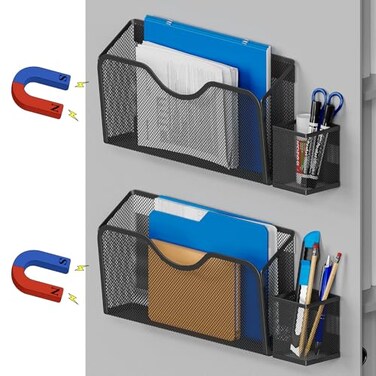 JANE EYRE Magnetic File Holder 2pcs Hanging File Organizer Magazine Document Paper Holders with 2pcs Pen Holders for Classroom Cabinets OfficeNo DrillingBLACK
