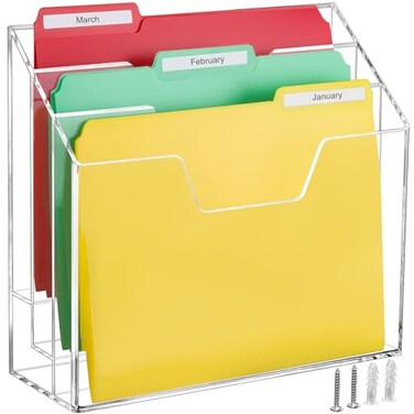 BEYGORM Acrylic File Folder Holder 3 Tiers Clear Wall Hanging Magazine Rack Desktop Large Vertical Tiered File Holder for Office and Home Upright File Storage for Desk
