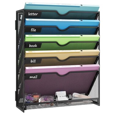 Kinkota Hanging Wall File Organizer 6Tier Wall Mount Mail Organizer Desk Paper Organizer Sleek Black Metal File Folder Holder for Office Cubicle Bedroom AllinOne Document Storage Shelf