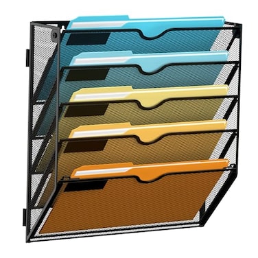 SUPEASY 5 Tier Wall File Organizer Hanging Wall Mounted Mail Organizer with Label Slots Metal Mesh File Holder Magazine Rack for Office Home School or Classroom Black