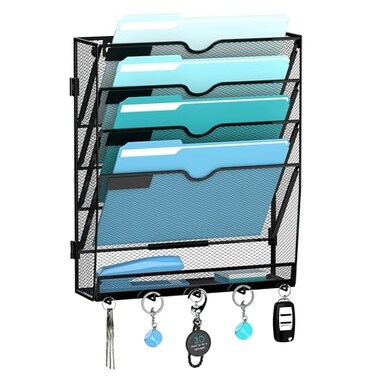 JMHUD 5 Tier Wall File Organizer Hanging File Organizer with 5 Hooks Mail Holder Wall Mounted for Papers Folders Magazines Bills OfficeSchool Organization Black