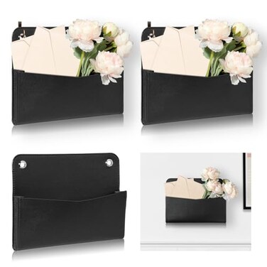 MSHUNKEJI 3 PCS Wall Mount PU Leather Mail Holder Black Faux Leather Letter Holder 2 Ring Wall Mail Organizer Stylish Wall Hanging Mail Storage for Flowers Envelope Key Notebooks Home Office Decor