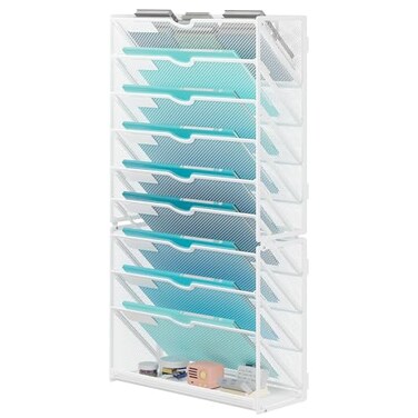 Lavatino 10Tier Hanging Wall File Folders Organizer White Metal Mesh Paper Magazine Document Mail Holder File Organizer for Office School Home Wall Mount or Desk Supplies Organization