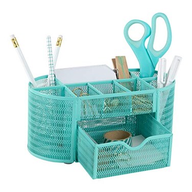 BLU MONACO Aqua Desk Organizer Metal Stationery Holder With Drawer and Eight Compartments Desktop Storage for Home Office or Study Space 43D x 93W x 4H Workspace Organizer