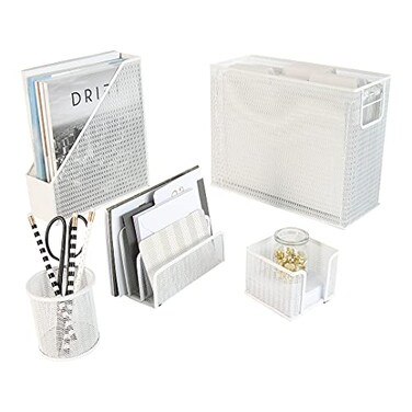 BLU MONACO White Desk Organizer Set 5 Piece Metal Office Desk Organizer with Hanging File Holder Magazine Organizer Pen Cup Sticky Note Holder Mail Sorter Desk Organizers and Accessories