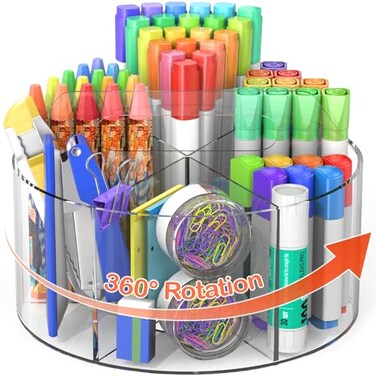Mefirt Acrylic Pen Holder 360 Degree Rotating Pen Organizer Rotating Desk Acrylic Office Organizer with 6 Compartments Marker Organizer for Kid Crayon Caddy School Art Supply Storage Organizer
