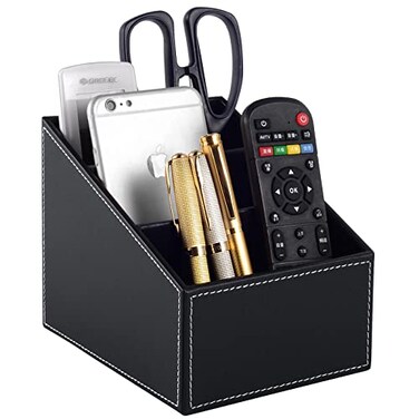 RHCSZ Fashionable PU Leather TV Remote Control Holder with 3 Compartments Storage Rack Storage Box Media Accessory Storage Desk Organizers black