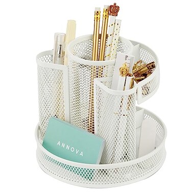 Annova Mesh Desk Organizer Rotate with 6 Compartments Round Spinning Tidy CandyPen Holder Desk Accessories Office Art Supply Storage Classroom Home White
