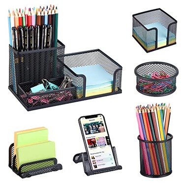 zqanve Desk Organizers set with Mesh Pen Holder Cup 3 Compartments Black Office Supply Organizer Paper Clips Holder for Office Desk Accessories 6 Piece set Black