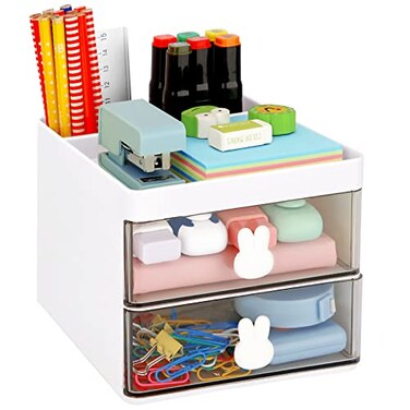 LETURE Small Desk Organizer With Drawer Office Desktop Storage Box Business CardPenPencilMobile PhoneStationery Holder Storage Box Makeup Organizer for Office School Home White