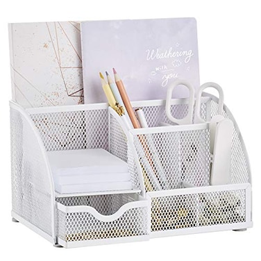Annova Mesh Desk Organizer Office with 7 Compartments DrawerDesk Tidy CandyPen HolderMultifunctional Organizer White