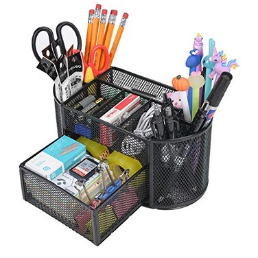 YAHENLI Desk Organizer with 9 Compartments Mesh Office Organization for Scissors Postit Sticky notes Pen Holder Metal Office Desk Organizers and Accessories