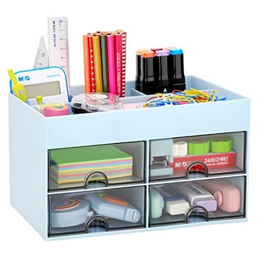 LETURE Office Desktop Organizer with Drawer Stationary Organizer Desk Caddy PenPencilBusiness CardSticky Note TrayPaperclip Holder Storage Box Blue