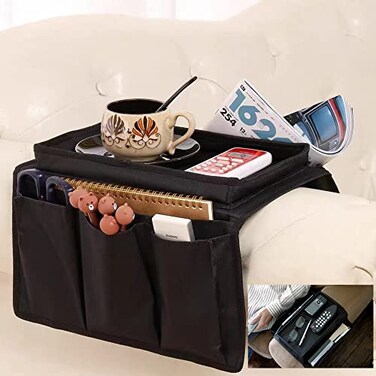 Benemall Sofa Armrest Organizer with Cup Holder NoSlip Couch Sofa Armrest Organiser Couch Remote Caddy Control Holder with 1 Large Pockets and 3 Small Pockets for Smart Phone Magazines Ipad Drinks Bla