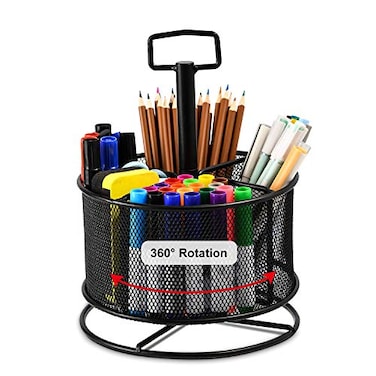 Marbrasse Mesh Desk Organizer 360Degree Rotating MultiFunctional Pen Holder 4 Compartments Desktop Stationary Organizer Home Office Art Supply Storage Box Caddy Black