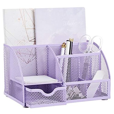 Annova Mesh Desk Organizer Office with 7 Compartments DrawerDesk Tidy CandyPen HolderMultifunctional Organizer Light Purple