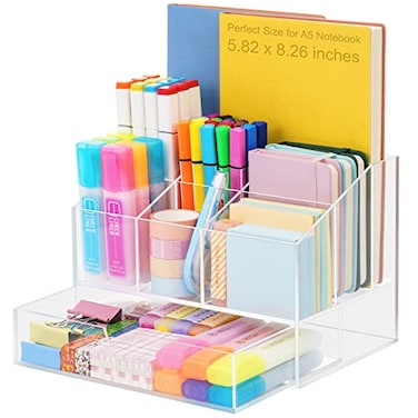 VITVITI Acrylic Desk Organizer Upgraded Clear Pencil Organizer for Desk 7 Compartments Stationary Pen Organizer Storage with Drawer for Office Supply 500 Pencils Capacity