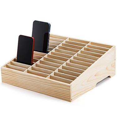Lawei 36Grid Wooden Cell Phone Holder Mobile Phones and Calculator Management Storage Box Multifunctional Desktop Organizer Storage Box for Classroom Office Meeting Room Phone Rack Display