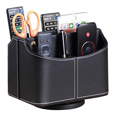 PUSU Remote Control Holder 360 Degrees Rotatable Desk Stationery Supply Organizer PU Leather Desktop Storage Box for Controllers Media Bedside Spinning TV Caddy iPad Mobile Pencil Cosmetic