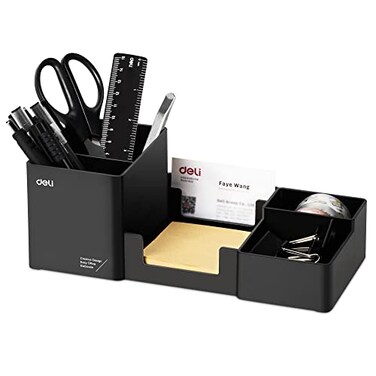 deli Desk Organizer Plastic Desktop Organizer with Pencil Holder and Sticky Note Tray Office Stationery Supplies Organizers Accessories Caddy 6 Compartments Black