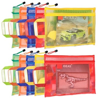 TrueLux 10 Pack 5 Color Mesh Zipper Pouch Bags Nylon Puzzle Building Block Sets Toy Storage Organization Breathable See Through A4 Zipper Pouch with Handle for School Games