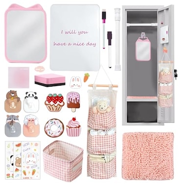 Tazimi Locker Accessories Kit with Magnetic Whiteboard Mirror Hook Rug Storage Bag Pen Holder Back to School Essentials for Girls Locker Organizer