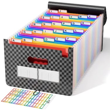 ABC life 26 Pockets File Organizer Expanding File Folder A4 Letter Size Portable Monthly Paper Bill Tax Receipt Organizer Document Holder with Labels Checkered Pattern
