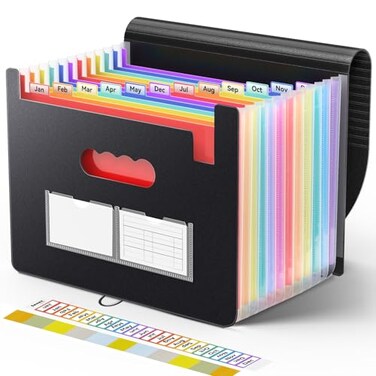 Sooez Accordion File Organizer 13 Pockets Expanding File Folder Portable Monthly Paper Bill Tax Receipt Organizer Letter A4 Size Document Holder with Blank Labels Black