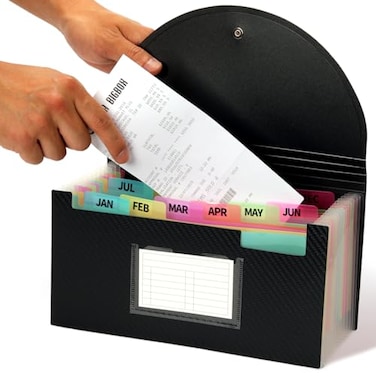 H4D Check Size 13 Pocket Expanding File Folder Accordion File Organizer Wallet Case for Coupon Receipt Storage 10 x 55 inches Black