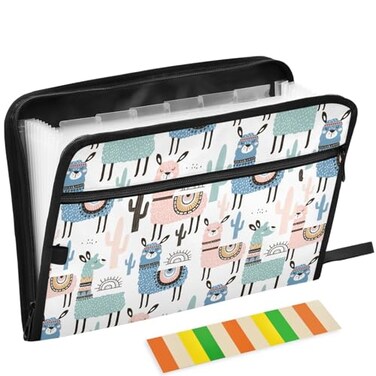 ZZKKO Cartoon Cute Alpaca 13 Pockets Expanding File Folder with Sticky Labels Accordion File Folder Document Organizer Letter Size A4 Papers Expandable File Keeper