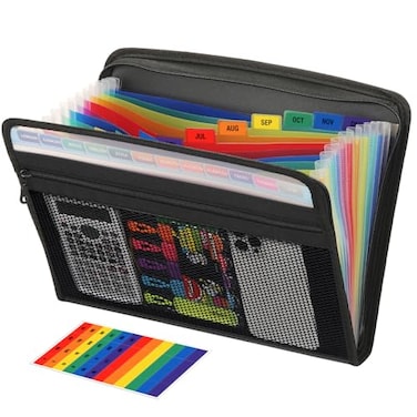 H4D Zippered Accordion File Organizer with Front Mesh Pouch 13 Pocket Expanding File Folder Fit for Documents Letter Size A4 Papers Black