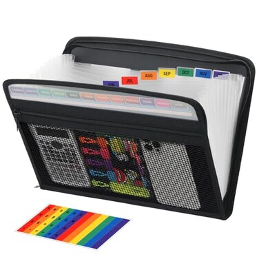 H4D Zippered Accordion File Organizer with Front Mesh Pouch 13 Pocket Expanding File Folder Fit for Documents Letter Size A4 Papers Clear
