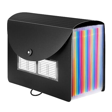 Sooez 24 Pockets Expanding File Folder with Blank Labels According File Organizer with Expandable Cover Desktop Accordion Folders Letter A4 Paper Document Storage Organizer Black
