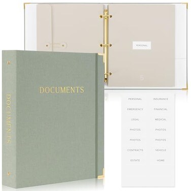 ZICOTO Important Document Organizer Set with Folders Complete Linen Ring Binder Set Safely Stores All Documents Files in One Place Easy to Use Expanding Storage Incl Envelopes Pockets Labels