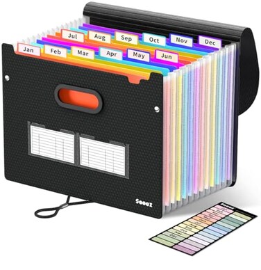 Sooez Upgraded Accordion File Organizer Expanding File Folder with Deeper 12 Pockets Never Cover Up Index Tabs Monthly Bill Paper Receipt Document Organizer Letter A4 Size for Home Office School
