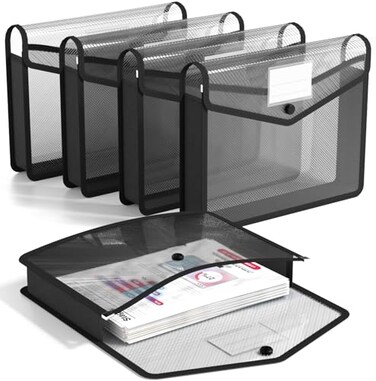 Umriox Plastic File Folders 5 Pack A4 Poly Envelope Expanding File Wallet Document Folder with Snap Button Closure Label Pocket Black