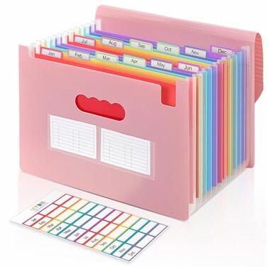SKYDUE Accordion File Organizer Expanding File Folder with 13 Pockets Portable Document Paper Bill Receipt Organizer Home School Office Supplies Letter A4 Size Pink