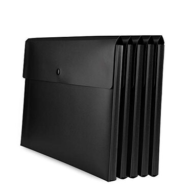 VANRA Expanding Poly File Jacket Filing Envelope File Folder Pockets Document Holder Organizer A4 Letter Size with Snap Button Black Pack of 5